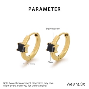 Detailed view of square black glass stone set in polished gold stainless steel earrings