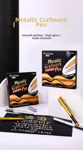 Detailed view of silver and gold metallic marker set with trial strokes on black paper