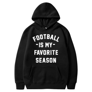 Black American football hoodie with 'Football Is My Favorite Season' print and pocket