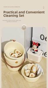 Detailed close-up of yellow cartoon duck plastic washbasin and bathroom accessories set