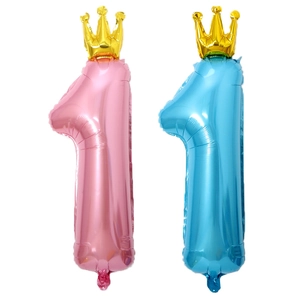 Ballons chiffre 1 rose et bleu avec couronnes dorées pour décoration d'anniversaire