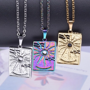 Gold and silver stainless steel sunburst rectangular pendant necklaces for women