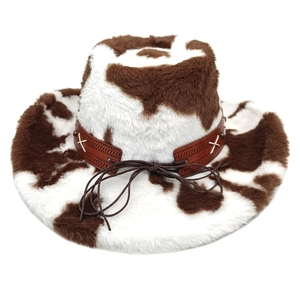 Detail of plush cow print cowboy hat with brown faux leather band and white cross stitching