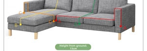 Detailed measurement guide for L-shaped sofa cover with breathable grey woven fabric