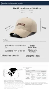 Detailed size chart for cotton baseball cap showing 7.5cm brim and 56-60cm circumference