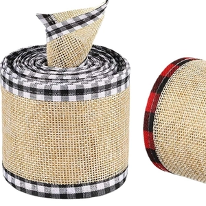 Faux burlap ribbons with classic plaid edges for Christmas gift wrapping and tree decor
