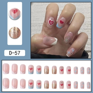 French press-on nails with red hearts, glitter accents, and rhinestones, 24 pieces