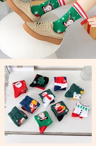 Detailed view of various Christmas cotton socks featuring Santa Claus and reindeer patterns