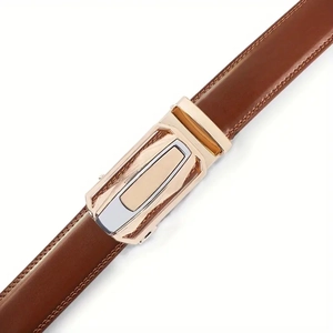 Detail of dark brown leather belt featuring a gold automatic buckle and stitching