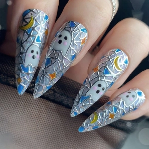 Halloween Ghost Press On Nails Long Stiletto Resin False Nails With Moon Star Glitter Pattern For Women Party Decoration