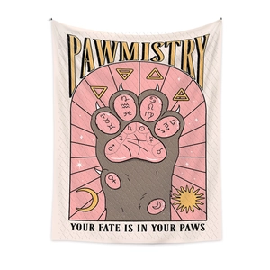 Detail of bohemian Pawmistry tapestry featuring a cat paw with astrology zodiac symbols