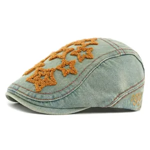 Retro light blue washed denim beret with orange fuzzy stars and 3D embroidery