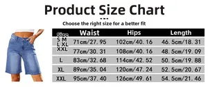 Detailed size guide for women's denim shorts showing waist, hips, and length measurements
