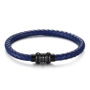 Navy blue braided leather bracelet for men featuring a matte black magnetic metal clasp