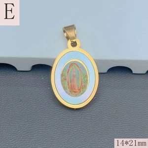 Detail of a 14x21mm oval Guadalupe pendant with golden border and mother-of-pearl image