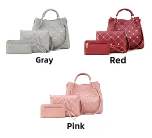 Détail de l'ensemble de sacs 3 pièces matelassés avec perles en gris, rouge et rose