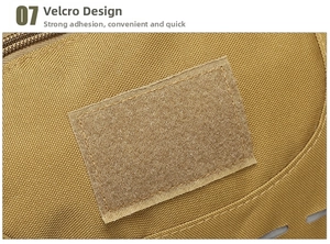 Macro detail of khaki tactical backpack featuring heavy-duty Velcro patch and nylon texture