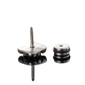 Industrial style stainless steel stud earring with square base and threaded back closure