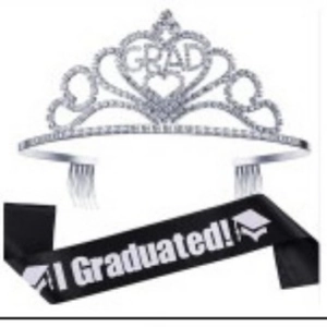 Silver rhinestone crown and black I Graduated! sash set for graduation party decor