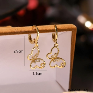 Detail view of 18K gold plated butterfly earrings with zircon inlay and dimensions