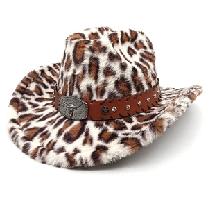 Leopard Print Faux Fur Western Cowboy Hat With Bull Head Metal Buckle Studded Wide Brim Winter Warm Party Hat For Women