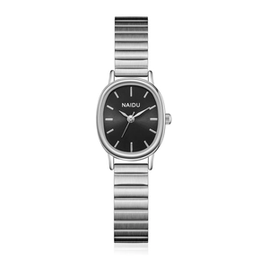 Elegante orologio ovale argento con quadrante nero e cinturino elastico in acciaio