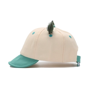 Cute baby cartoon frog baseball cap with green brim and 3D eye detail in beige cotton