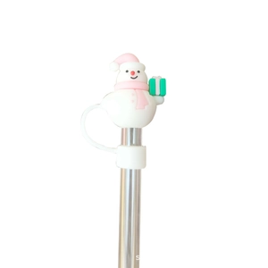 Christmas snowman silicone straw cover with pink hat and green gift for 10mm straws