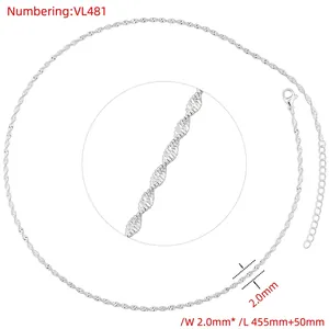 Detail view of 2.0mm silver water wave chain necklace with adjustable 45cm plus 5cm extender