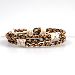 Men's handmade woven multi-layer leather bracelet in brown and gold with adjustable knots