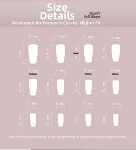 Detailed size chart for pink French press-on nails featuring 12 short T-shape nail sizes