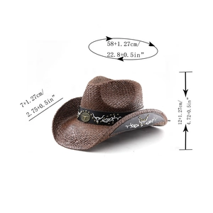Détails du chapeau de cow-boy en paille avec emblème de buffle et broderie