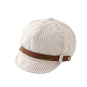 Infant striped newsboy cap with brown PU leather strap and gold metal decorative buckle