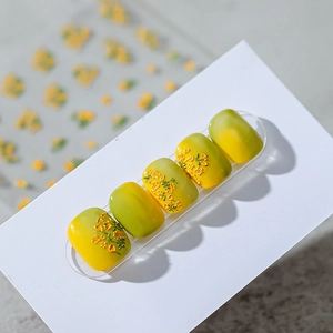Yellow-green gradient press-on nails with delicate floral embossed relief details