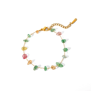 Detail of colorful irregular gravel beads bracelet with gold stainless steel chain