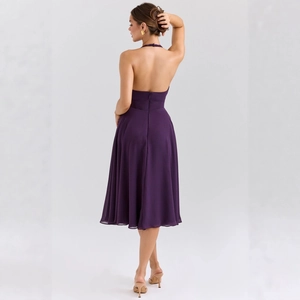 Elegant purple halter backless chiffon midi dress with flowy A-line silhouette