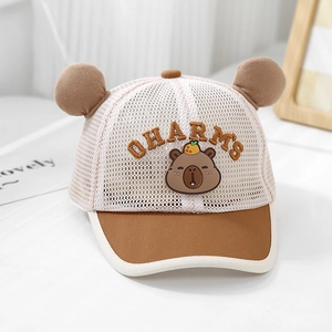 Detailed view of kids breathable mesh sun hat with cute bear embroidery and brown ears