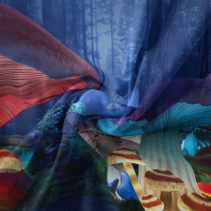 Close-up of surreal mushroom forest tapestry with vibrant colors and silky texture