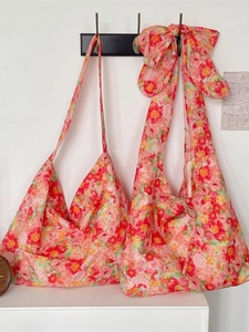 Women Floral Hobo Bag Polyester Cloth Large Bow Shoulder Bag Romantic French Pastoral Style Sweet Tote For Daily Use