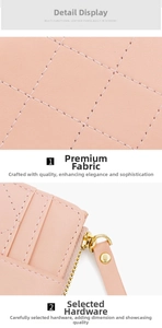 Detail of pink quilted leather texture and gold zipper on a chic women's wallet