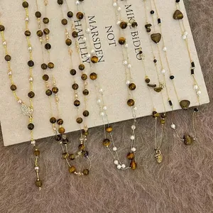 Retro Tiger Eye Stone Beaded Necklace For Women Multi Layer Long Sweater Chain With Artificial Pearl Heart Leaf Pendant Jewelry