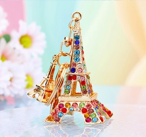 Detailed macro shot of a golden Eiffel Tower keychain with colorful sparkling rhinestones