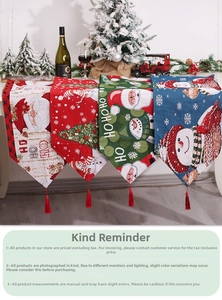 Detailed Christmas table runner with knitted Santa motifs and decorative red tassels