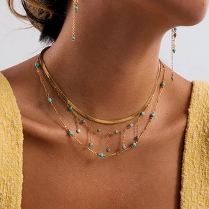 Collier En Acier Inoxydable Pour Femme Plqué Or Chaîne Serpent Avec Perles Turquoise Imperméable Hypoallergénique Bijoux Boho