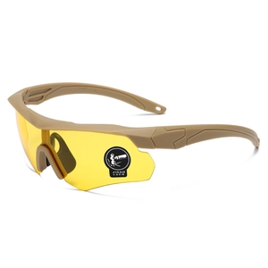Tactical safety goggles with khaki frame and yellow anti-fog lens for shooting and cycling