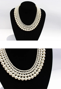 Detail of four-layer gradient cream white pearl necklace with glossy finish and elegant luster
