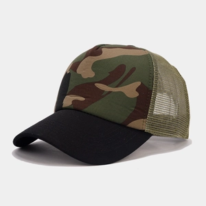 Detail view of the breathable mesh back and camouflage pattern on the trucker hat