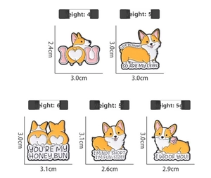 Detailed size and weight chart for five cartoon corgi dog enamel pin badges