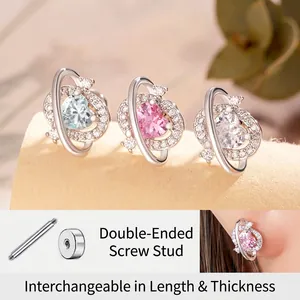 Orecchino Piercing Cartilagine Cuore Pianeta Rame Zircone Micro Intarsiato Chiusura A Vite Perno Acciaio Inossidabile