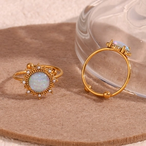 Macro detail of 18K gold-plated opal ring with sunflower zircon setting and open band